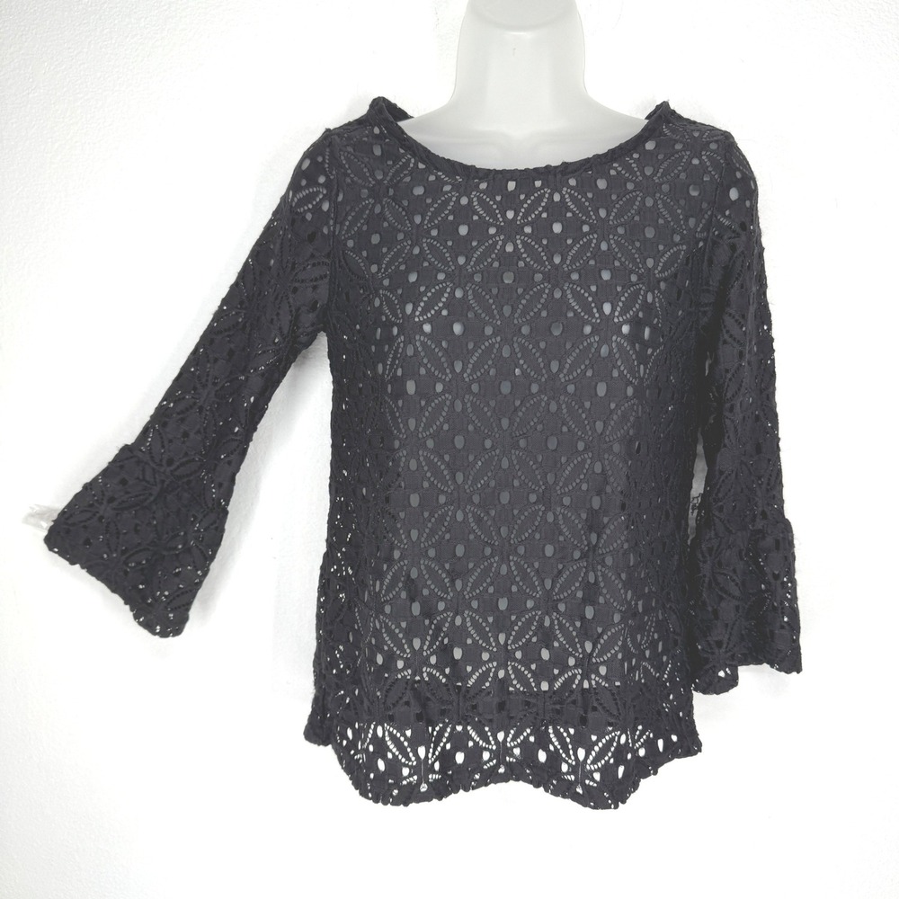 Womens Sheer Black Geometric Eyelet Lace Bell Sleeve‎ Blouse Size 4 Boho Gothic